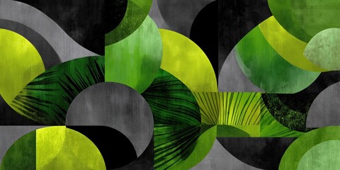 Abstract geometric shapes in jungle green, arranged in circular patterns with natural textures, creating an organic yet modern design