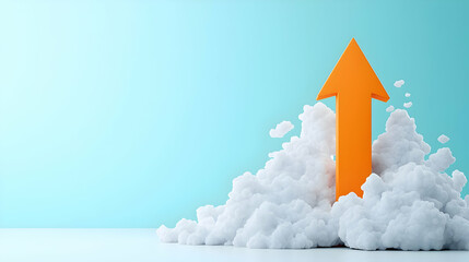 Fototapeta premium Orange Arrow Rising from Clouds Against Soft Blue Background