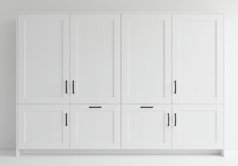 A set of white storage cabinets with black handles against a white wall in a minimalist style