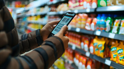 Person scanning barcodes on phone at grocery store aisle filled with snacks and food items on shelves