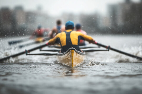 Rowing team competes on a river amidst splashes and determination in a dynamic race setting