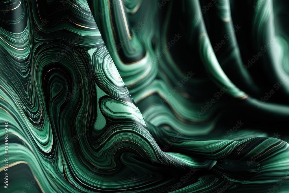 Poster an abstract close-up of elegant emerald green fabric with swirling golden lines, creating a mesmeriz