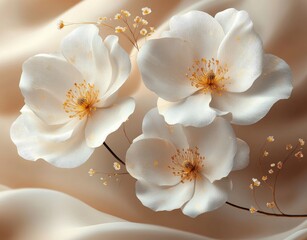 Elegant white flowers on silk fabric, soft background, home decor