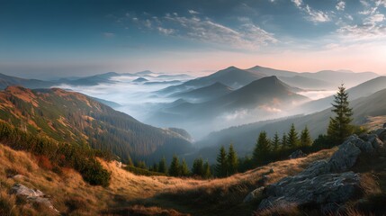 A scenic view of mountain ranges covered in fog with trees and grass in the foreground view