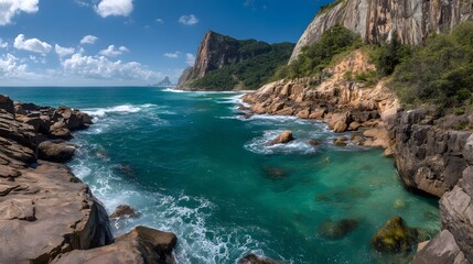 Panoramic view of rocky coastline with turquoise water and cliffs under a cloudy blue sky day