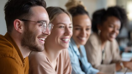 Obraz premium Happy colleagues engage in a collaborative discussion, showcasing diversity and teamwork in a bright office space. They share laughter and ideas, emphasizing community and inclusion