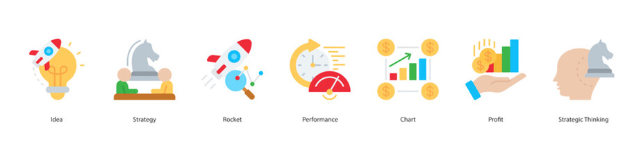 Strategic Growth icon sheet vector illustration idea, strategy, rocket, performance, chart, profit, strategic thinking