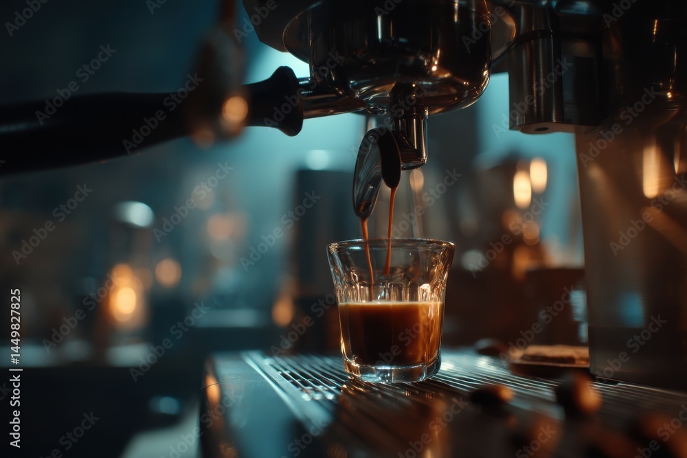 Poster close-up of espresso machine extracting coffee into a glass, creating a cozy and warm atmosphere wit