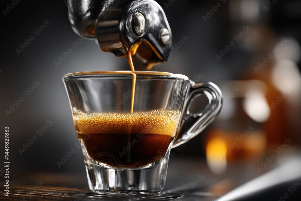 Poster close-up of an espresso machine pouring coffee into a transparent glass cup with a handle, creating 