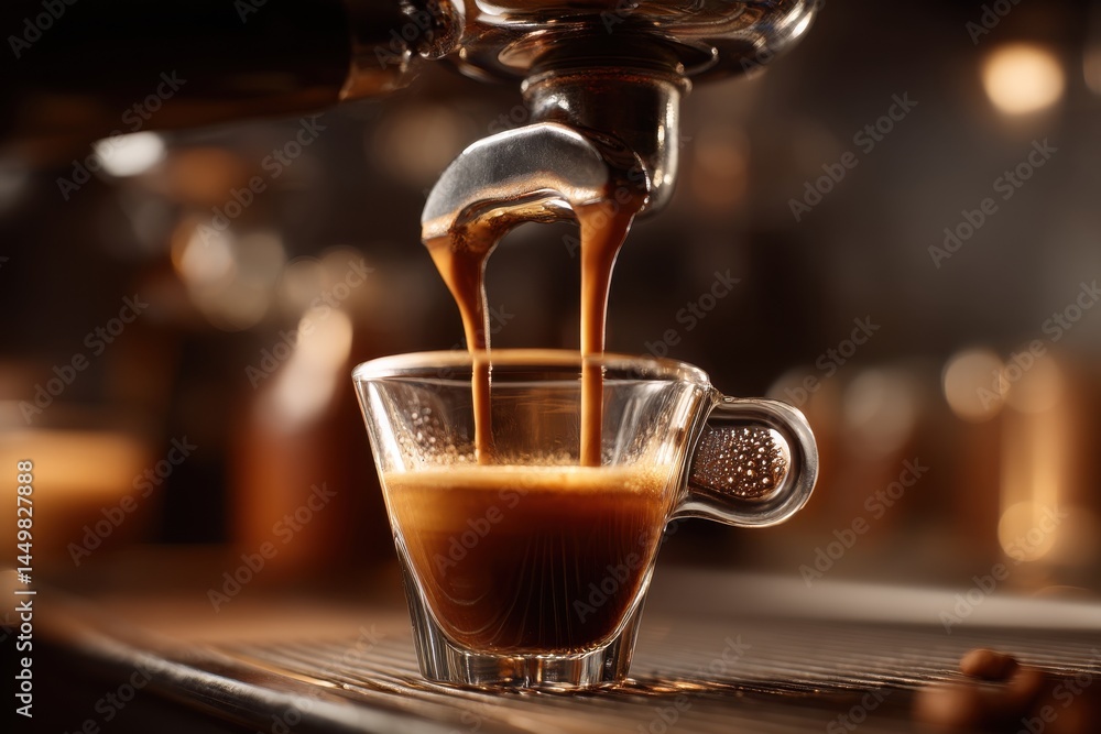 Poster close-up shot of espresso pouring into a clear glass cup from a professional espresso machine, creat