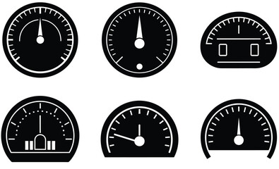 Speedometer Silhouette Vector Set – Gauge Icons, Dashboard Dials, Velocity and Performance Meters

