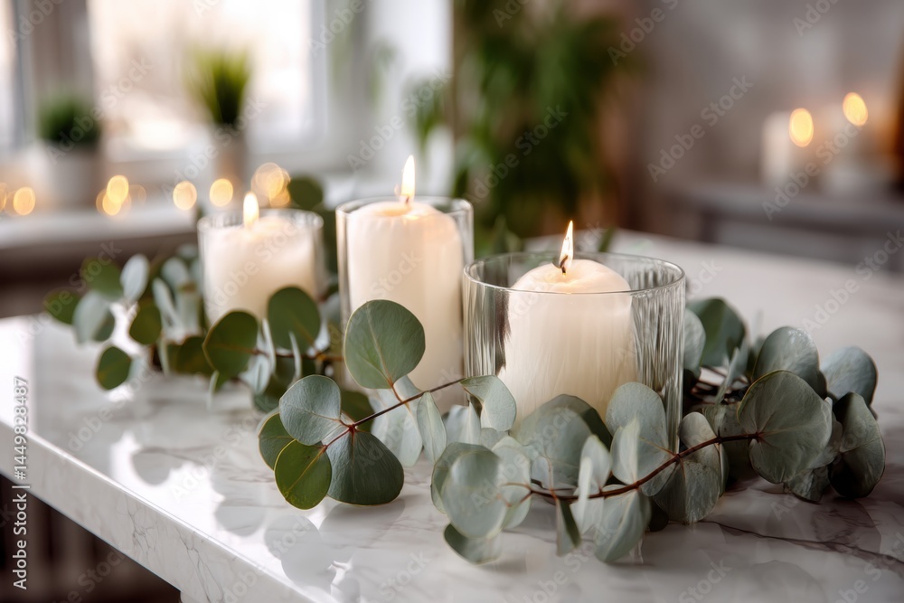 Poster a close up view of lit candles in clear glass holders with eucalyptus branches, set on a marble surf