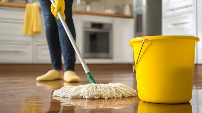 Person mopping a shiny wooden floor with a white mop and a yellow bucket in a bright kitchen area