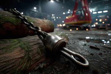 Close-up of a heavy-duty chain and shackle on a wet surface with an excavator in the blurred background, depicting construction site safety and industrial strength.