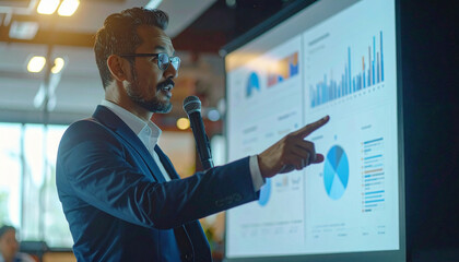 Business Presentation Mastery: A confident professional delivers a dynamic presentation, using data-driven visuals to engage the audience in a modern, sophisticated setting. 