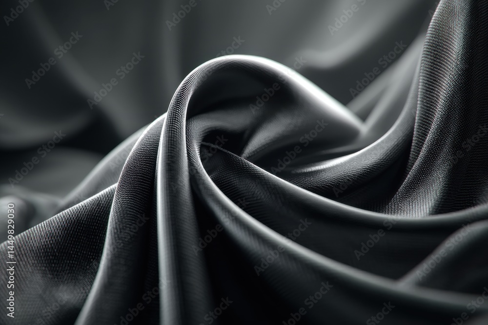 Poster an elegant close-up of flowing black fabric, showcasing smooth curves and textures, creating a sophi