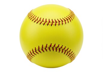 Close-up of a yellow softball with red stitching on a white background for sports and recreation