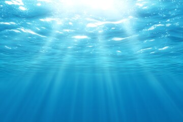 Deep underwater ocean. Blue abyss with sunlight