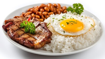 A plate of food with steak, rice, beans, and a fried egg, garnished with parsley on a white background