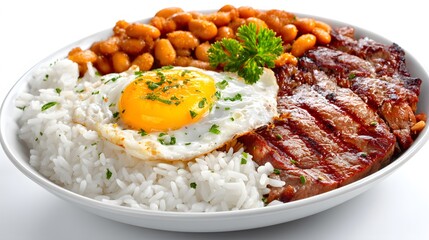 A plate of food with rice beans steak and a fried egg served in a white bowl on a white background