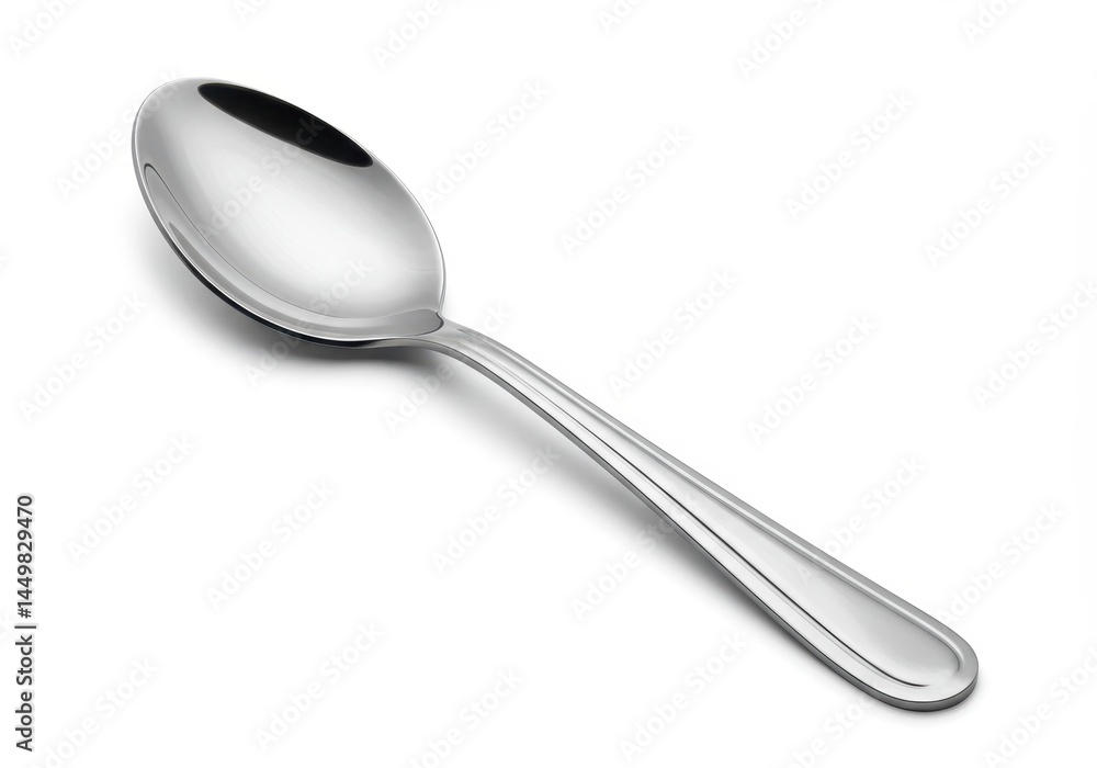 Poster close-up of a shiny silver spoon on a white background with subtle shadows and clean lines