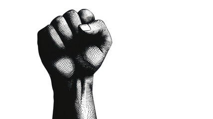 Male fist punching the air halftone grunge photo on isolated background