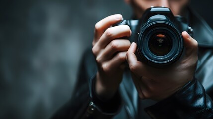 Person holding a black camera with a large lens focused and ready to take a photograph in dark setting