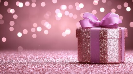 Fototapeta premium Sparkling present with a ribbon, pink, and bokeh lights