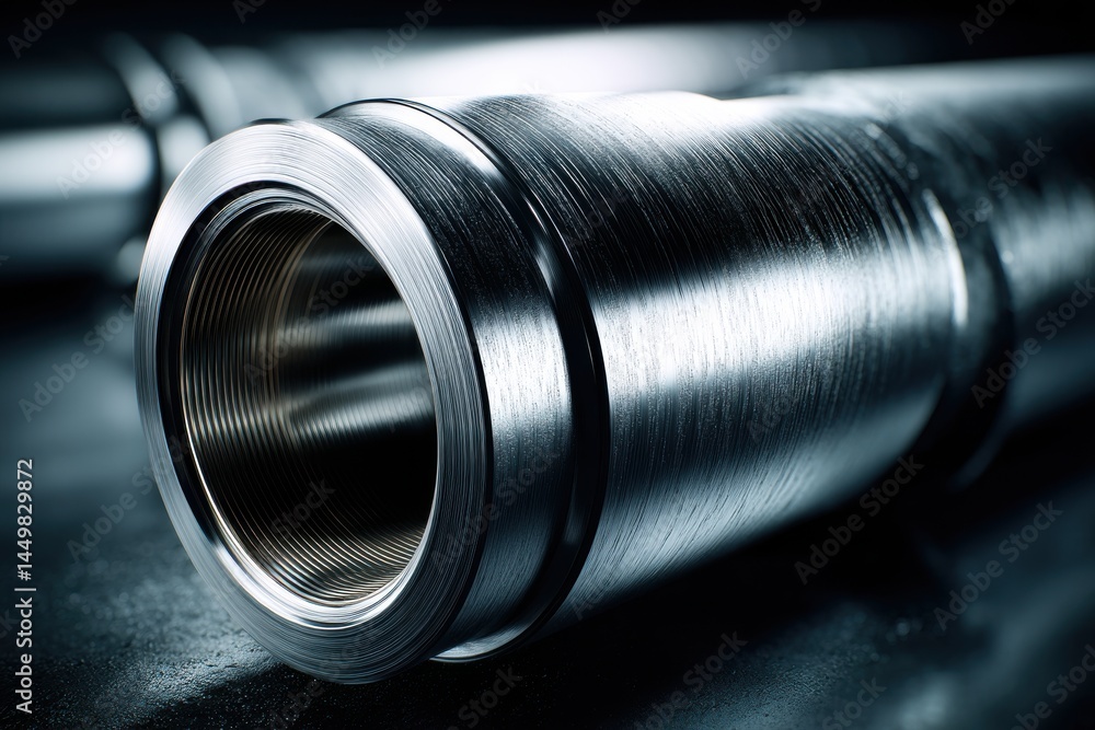 Poster close-up of a metal pipe with intricate internal threading, showcasing the precision and detail of i