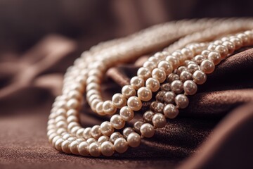 Elegant pearl necklaces draped on luxurious brown satin fabric, showcasing timeless beauty and classic style with soft lighting and smooth textures for a sophisticated look.