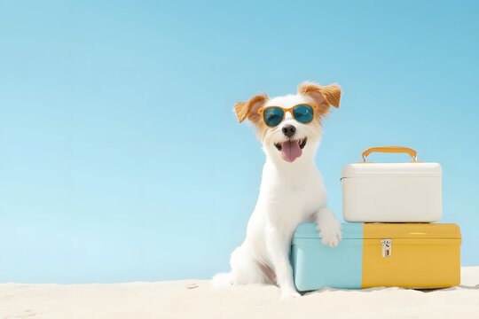 Dog and luggage on the beach sea. Vacation concept