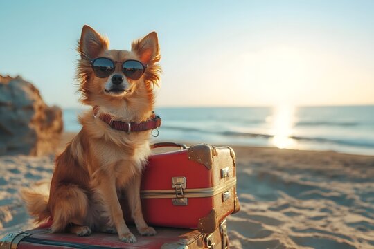 Dog and luggage on the beach sea. Vacation concept