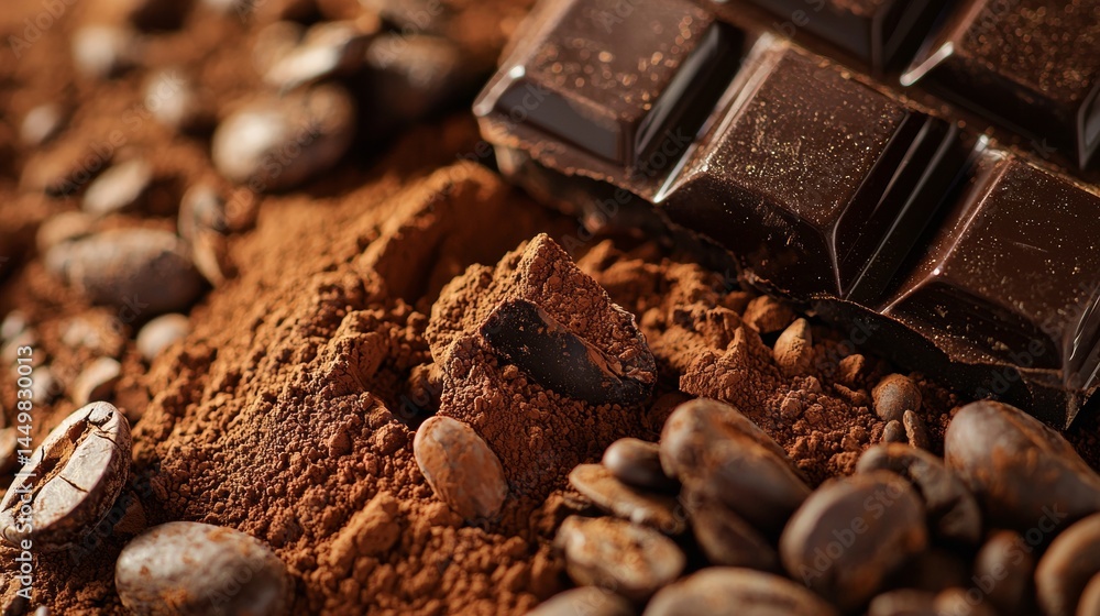 Poster dark chocolate and cocoa beans on table