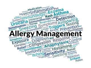 Allergy Management Word Cloud. Key Terms for Understanding and Managing Allergies