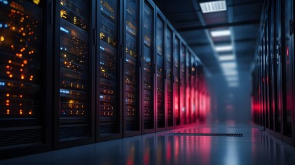 A long row of server racks filled with blinking lights in a dark data center environment setting