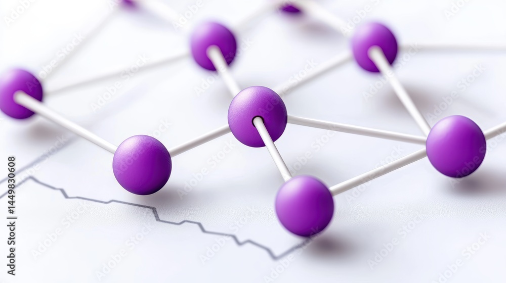 Poster purple spheres connected by lines form a network on a white background with a faint graph, symbolizi