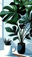 Two potted indoor plants sit by a sunlit window, one in a mug, the other in a black pot, creating a calming, modern decor scene.