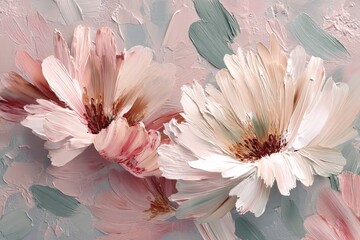 Delicate floral painting with soft colors showcasing intricate brush strokes and textured petals