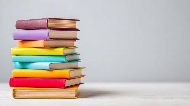 A stack of colorful books arranged on a white surface against a plain light gray background space