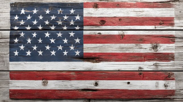 Patriotic image of an American flag painted on weathered wood planks.  A rustic and nostalgic representation of national pride.