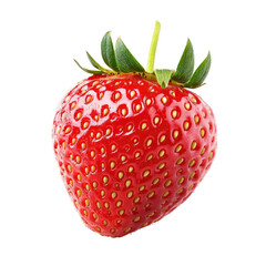 Single, vibrant red strawberry with green leaves.  Its smooth, glossy skin is dotted with tiny seeds.  Fresh, juicy, and ripe
