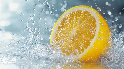 Sliced lemon splashing in crystal clear water