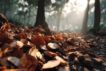 Obraz premium Warm sunlight filtering through woodland trees, illuminating a forest path covered in scattered bark chips and creating a serene, tranquil atmosphere for a morning walk.