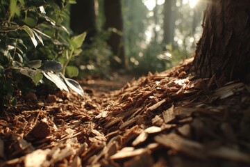 Fototapeta premium A tranquil forest floor covered with wood chips and fallen leaves, sunlight streaming through the trees, creating a peaceful and serene atmosphere in the woods.