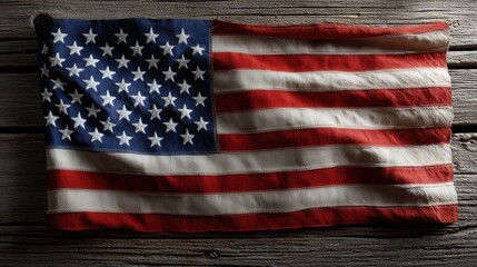 A weathered American flag rests on a rustic wooden surface, its colors rich with history.