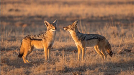Obraz premium Golden Hour Encounter: Two Black-backed Jackals in African Savanna