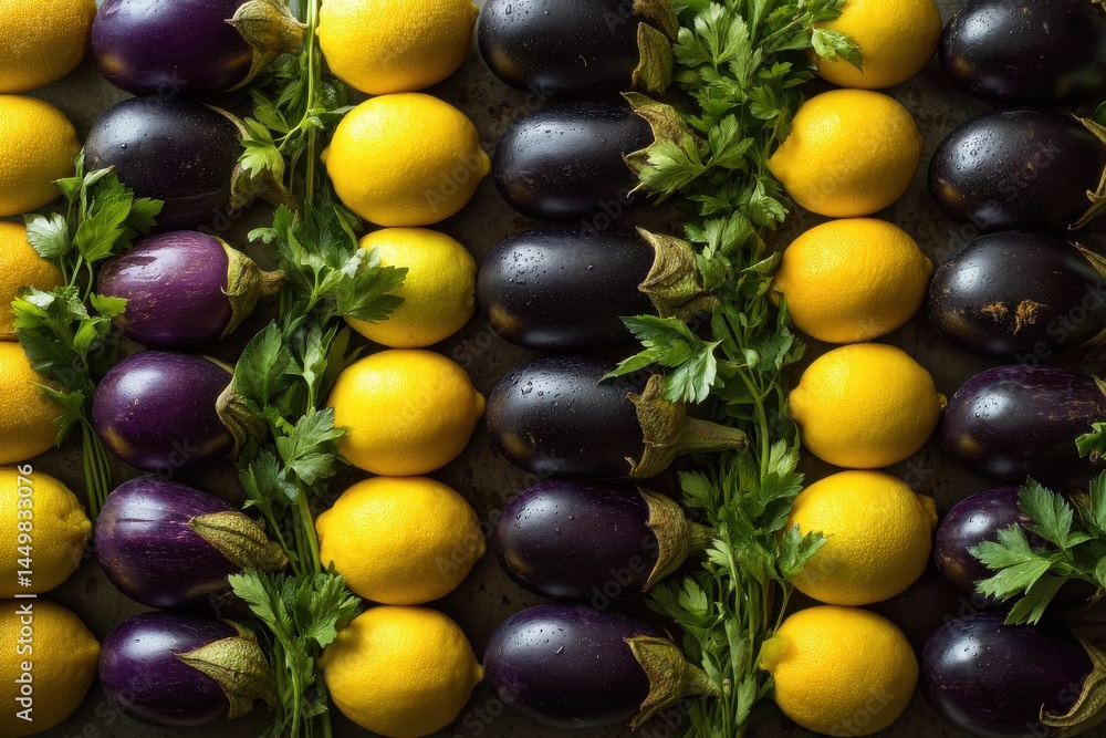 Poster colorful and fresh display of eggplants, lemons, and parsley arranged in alternating rows, creating 