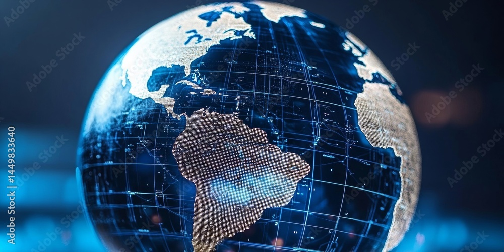 Poster digital world globe with network connections, 3d visualization of global connectivity hologram.