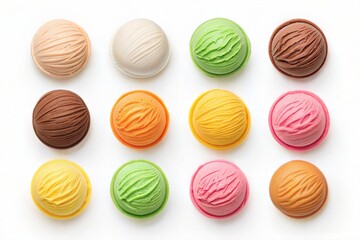 Assortment of ice cream scoops isolated on white background, top view.