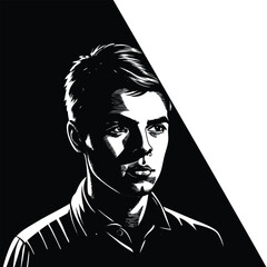 Portrait of a young woman, shot in shadows, with a vertical beam of light projected onto her eye